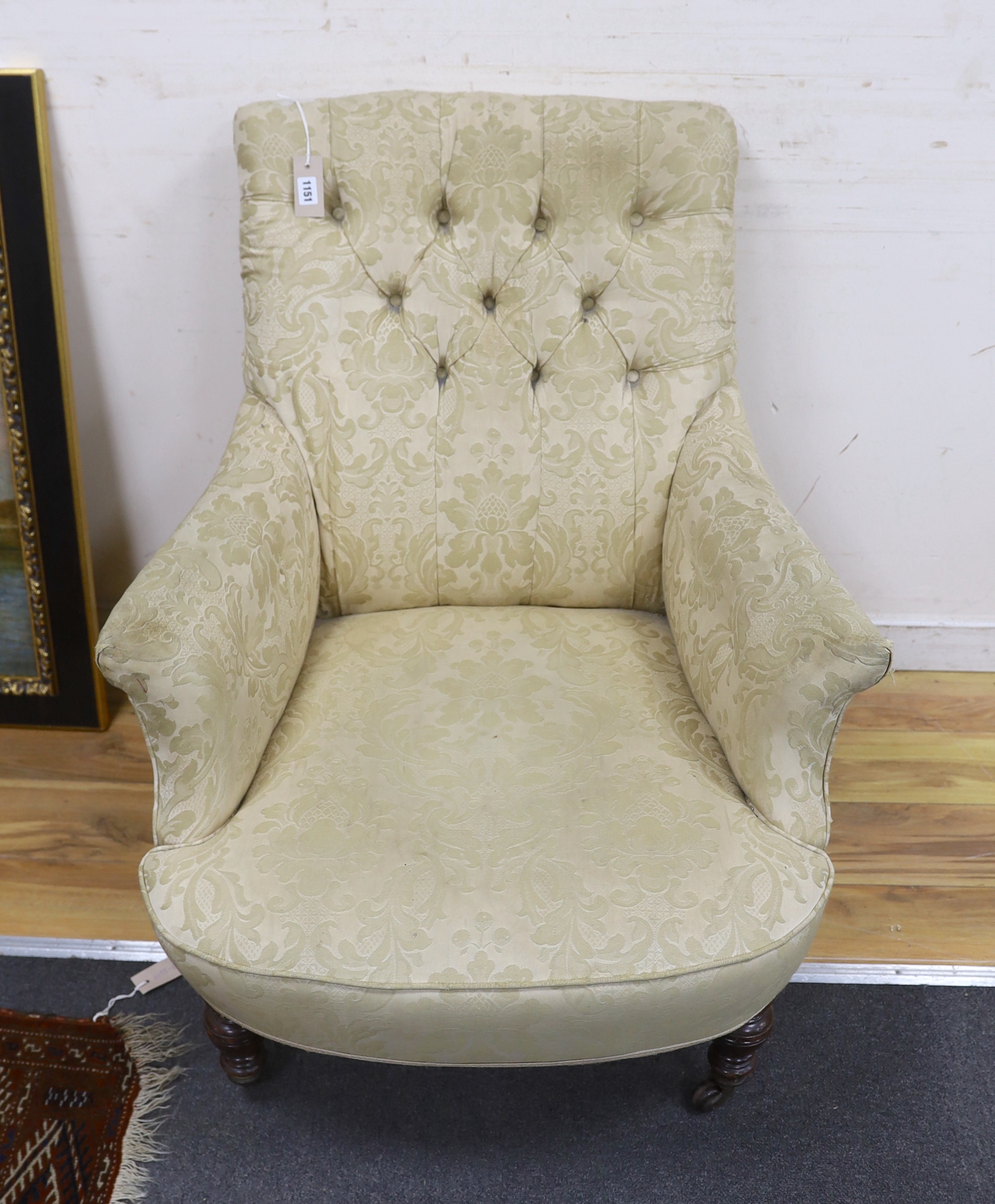 A Victorian button back armchair, width 79cm, depth 78cm, height 90cm